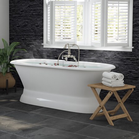 Cambridge Plumbing Cast iron double ended pedestal soaking tub, deck mnt plumbing pkg faucet 684D Brushed Nickel 66" DE66-PED-684D-PKG-BN-DH